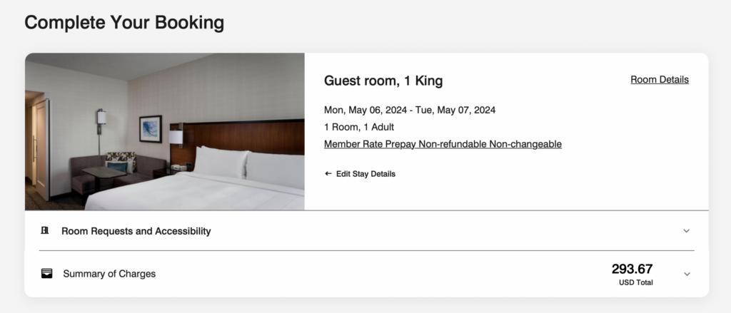 Screenshot of Marriott Hotel Cost